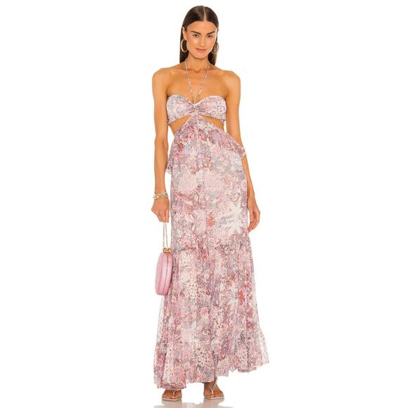 NWOT Rococo Sand Paola Halter Cutout Metallic Ruffle Maxi Dress $445 Medium - Picture 2 of 10